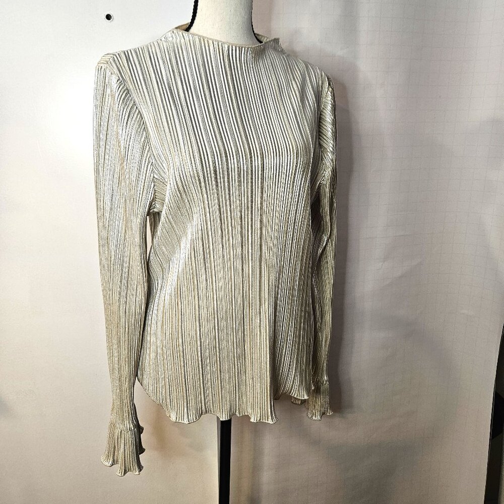 Chenault M Long-Sleeved Silver Metallic Pull-Over Blouse w Vertical Pleating